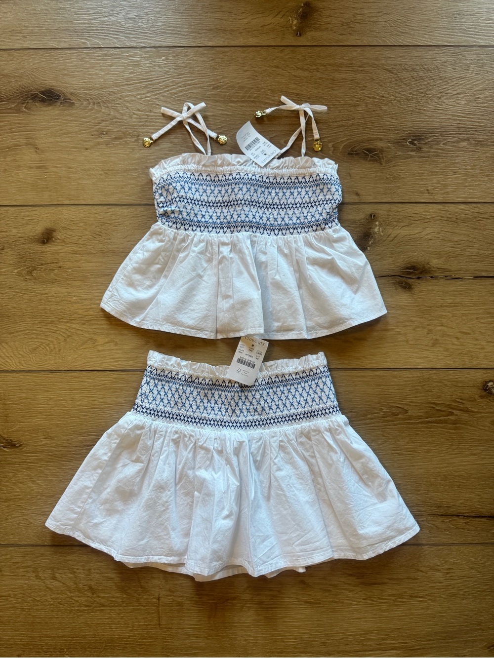 Crewcuts White Smocked Crop Top & Skirt Set with Blue Embroidery